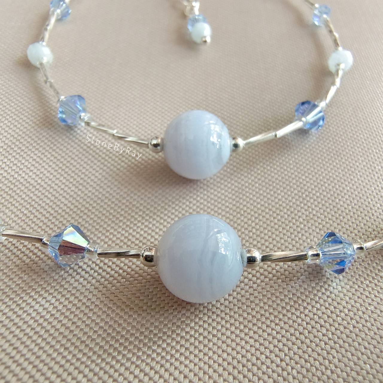 Setสร้อยคอเงินหินบลูเลสอาเกต Blue Lace Agate