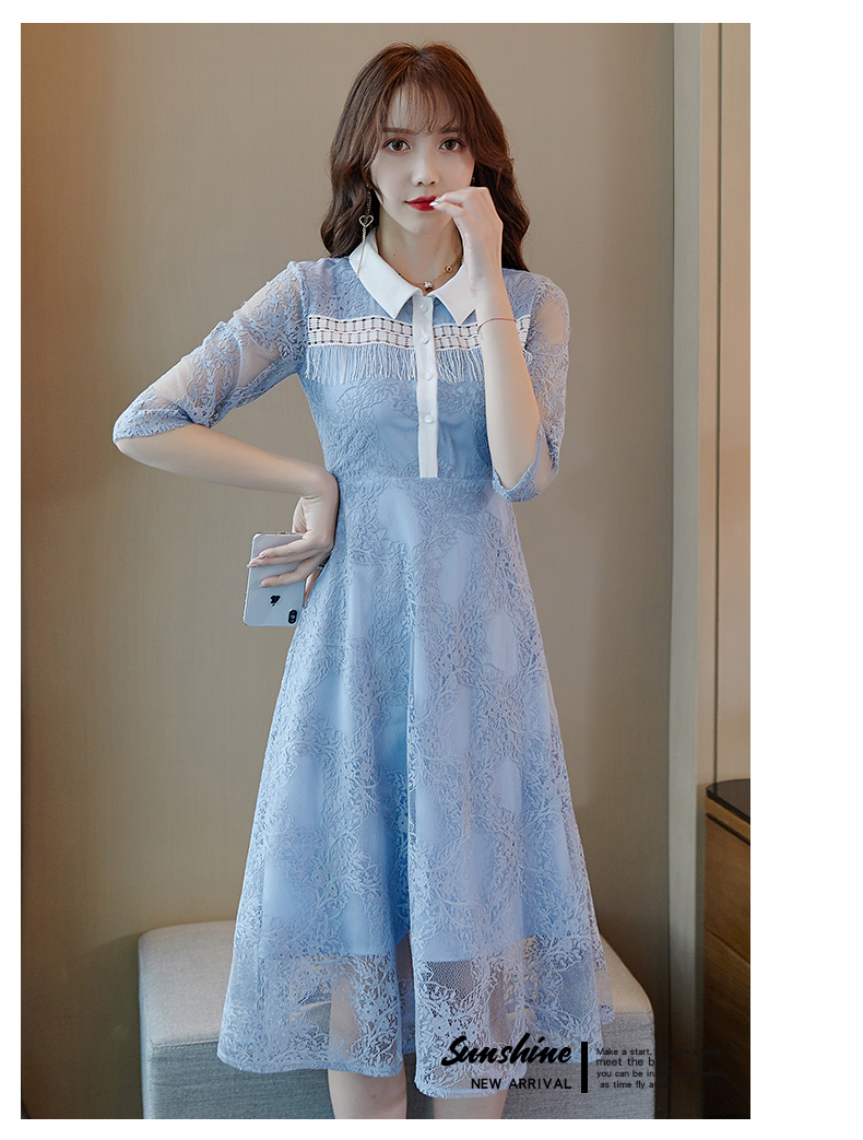 ชุดเดรสสีฟ้า ผ้าลูกไม้เนื้อดี แขนยาวสี่ส่วน คอปกสีขาว มีกระดุมผ่าหน้าอก L
