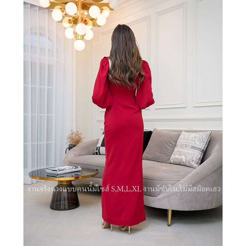 kudapy เดรสราตรีแขนยาวปาดคอวีสีแดง/สีเขียว/สีชมพู ผ่าสูงข้าง งานสวยคุ้มราคา ซิปหลังมีซับใน เริ่ดมากก