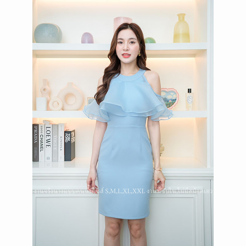 kudapy เดรสสั้นสีชมพู/สีกรม/สีฟ้า/สีโอวันติน มินิเดรสเว้าไหล่แต่งระบาย