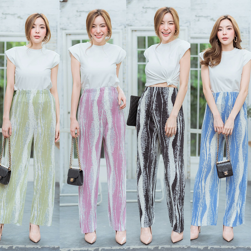 kudapy เซทเสื้อ+กางเกงอัดพีชลายคลื่นสีเขียว,ดำ,ฟ้า,ชมพู สวยดูดีใส่สบายน่ารัก