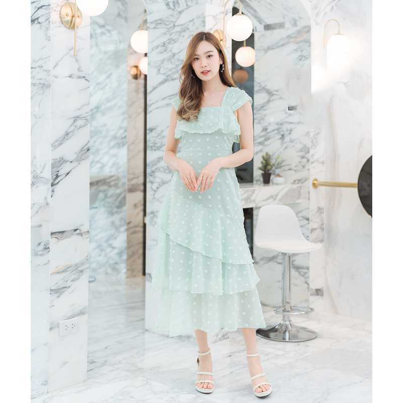 kudapy เดรสยาวสีชมพู/สีขาว/สีเขียว ชีฟองจุดอกระบาย