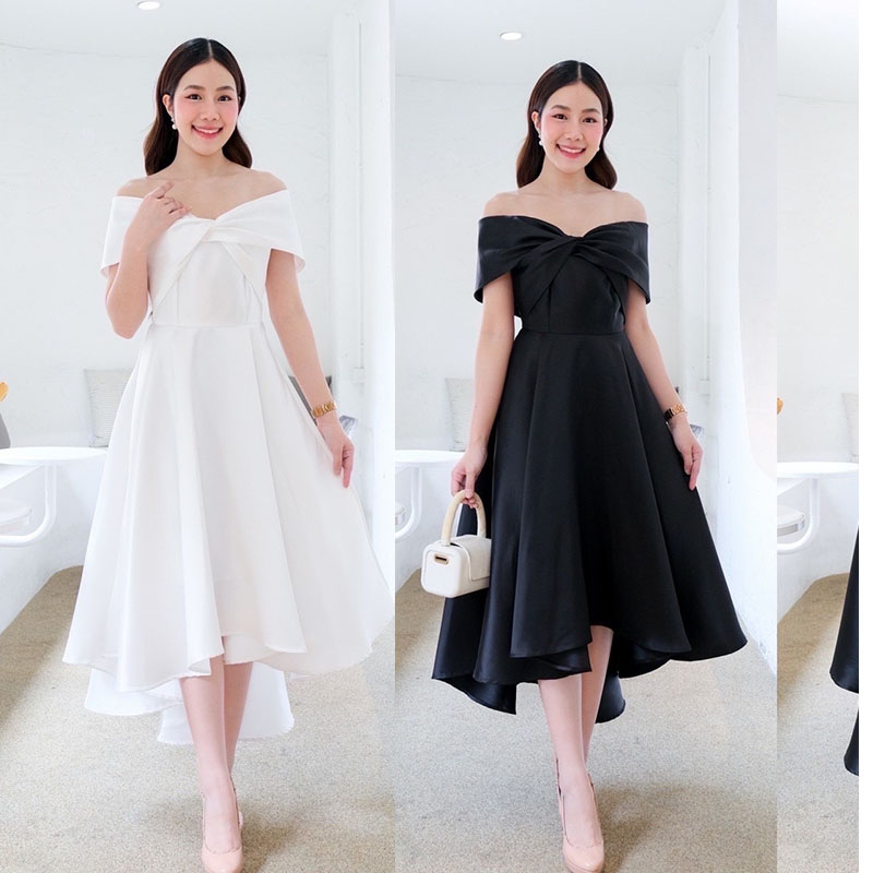 kudapy เดรสกระโปรงทรงหน้าสั้นหลังยาวสีดำ/สีขาว เปิดบ่าTwist อกใหญ่ ปิดพรางซ้อนแขน แบบอลังๆ แต่ไม่เวอร์วัง ทรงสวยเด่น เจ้าหญิง
