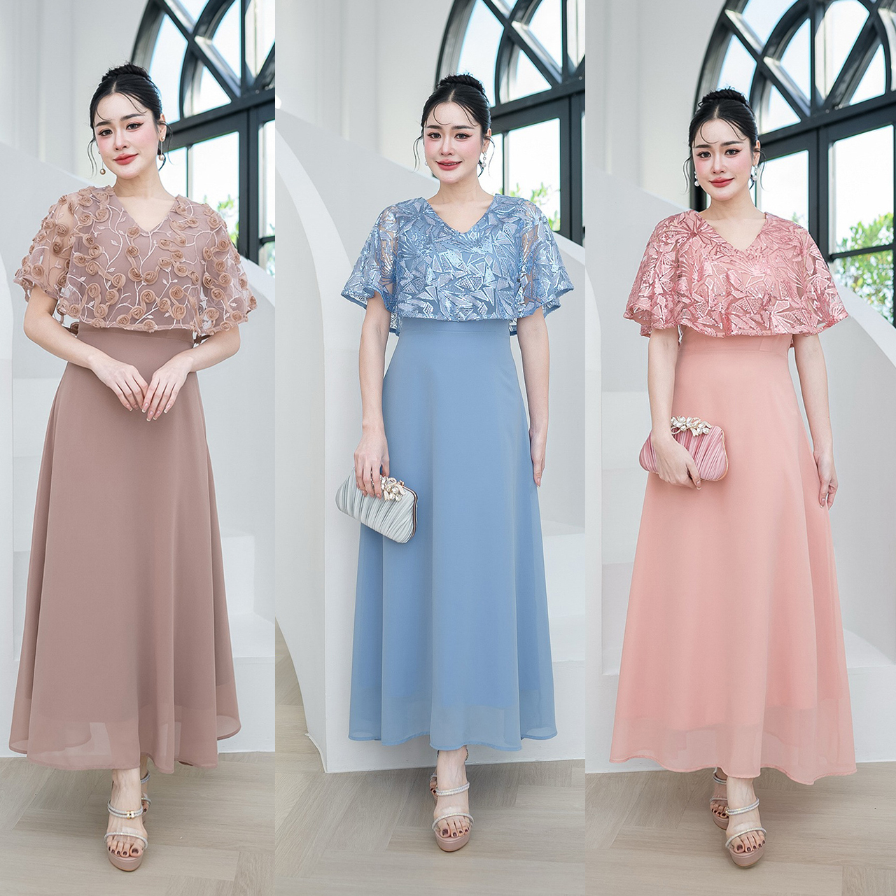 kudapy แม็กซี่เดรส คลุมไหล่หรูหรา ตัวเดรสเป็นงานผ้าชีฟอง ผ้าลูกไม้เลื่อม