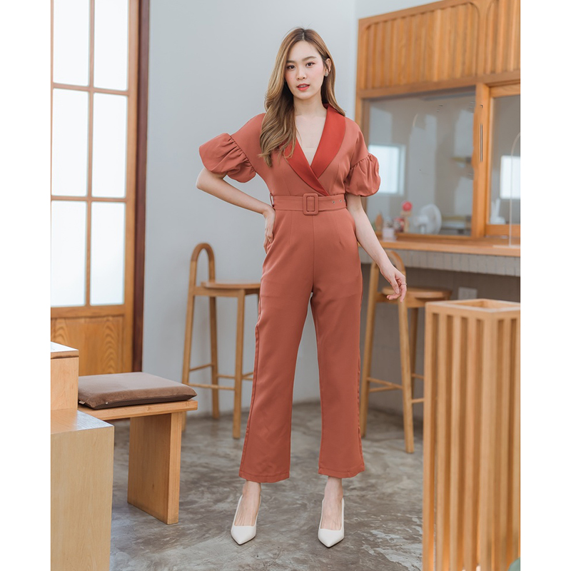 kudapy จั้มสูทขายาวสีชมพู/สีน้ำตาล คอปกแขนตุ๊กตากางเกงขายาวบาน