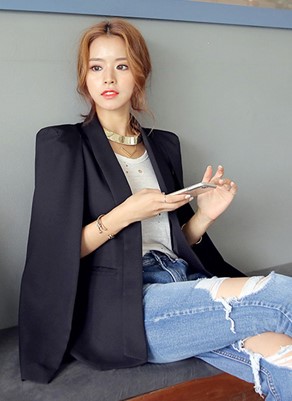 เสื้อสูทแฟชั่นผู้หญิงผ่าแขนสีดำเรียบหรู