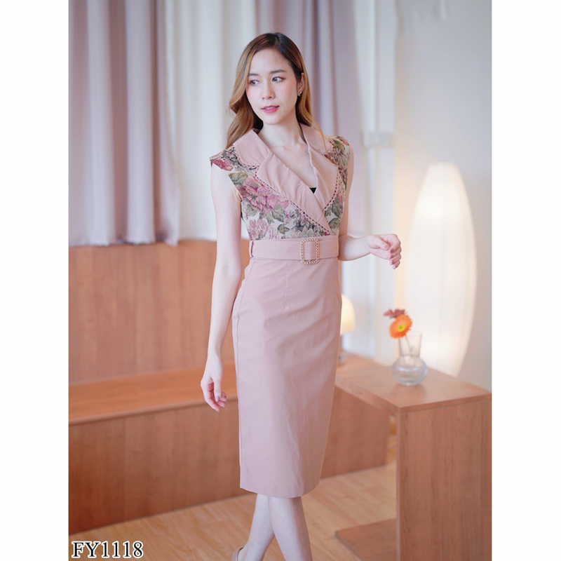 kudapy เดรสสั้นสีน้ำตาล/สีดำ ปกสูทคาดเข็มขัดสวยดูดี