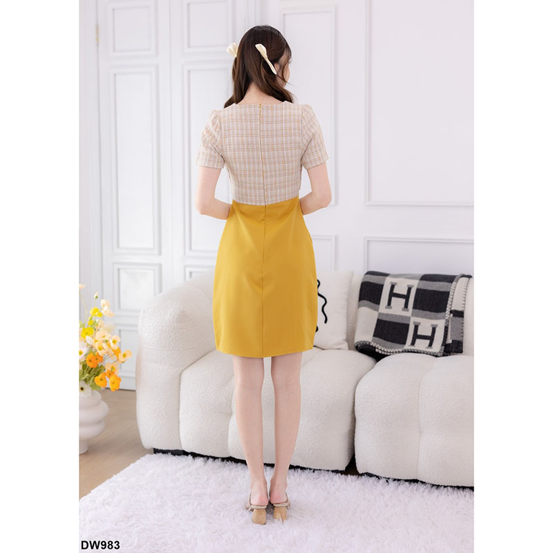 kudapy เดรสสั้นสีเหลือง ผ้าทอกระโปรงสีพื้น