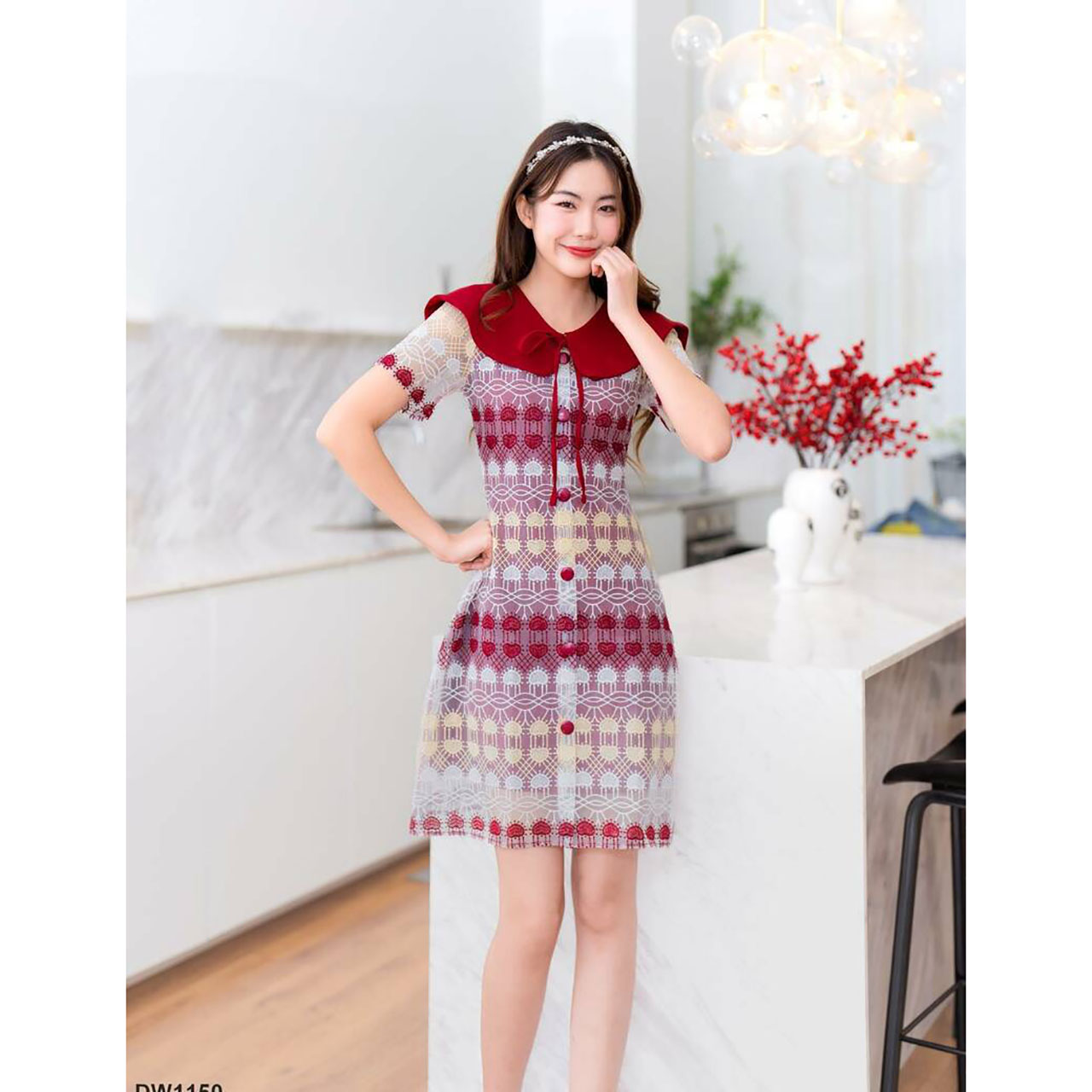 kudapy เดรสสั้น ลูกไม้ชั้นหัวใจคอปก ผ้าเบาใส่สบายตัว