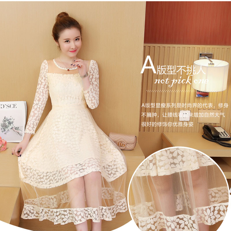 kudapy เดรสสั้นสีครีม ผ้าลูกไม้แขนยาว กระโปรงทรงเอบานซ้อนทับผ้าโปร่งด้านนอกถอดออกได้