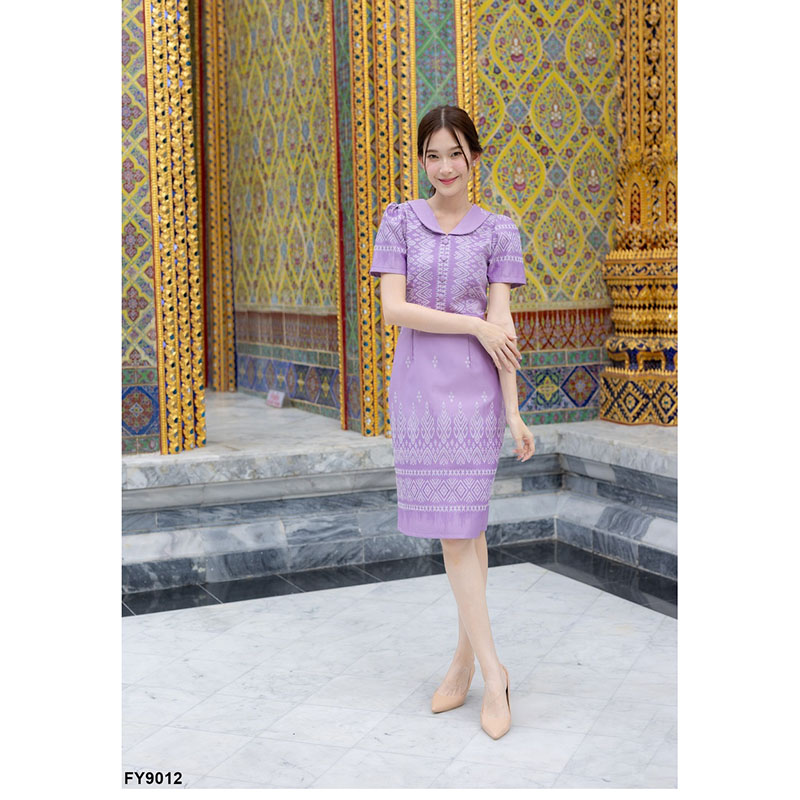 kudapy เดรสสั้นสีม่วง/สีกรม/สีชมพู ผ้าทอแต่งปกติดกระดุมหน้า