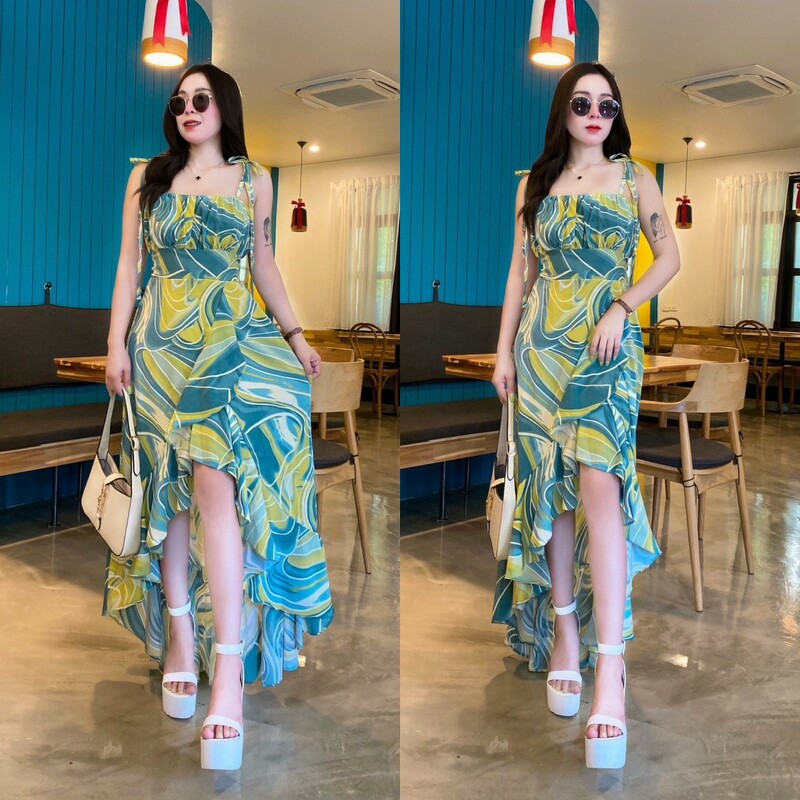 kudapy เดรสลายพาสเทล 2 in 1 ผูกไหล่ & ผูกคอ หน้าสั้นหลังยาวแวกหน้า งานผ้าไหมอิตาลีผ้าพริ้ว กระโปรงเย็บระบายชายเพิ่มดีเทล