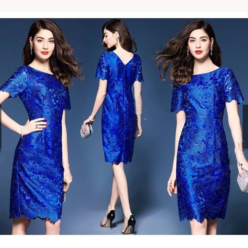 kudapy เดรสลูกไม้สีน้ำเงิน แขนสั้น คอวีด้านหลัง ผ้าลูกไม้ทอลาย เงางามสวยค่ะ กระโปรงผ่าชายด้านหลัง