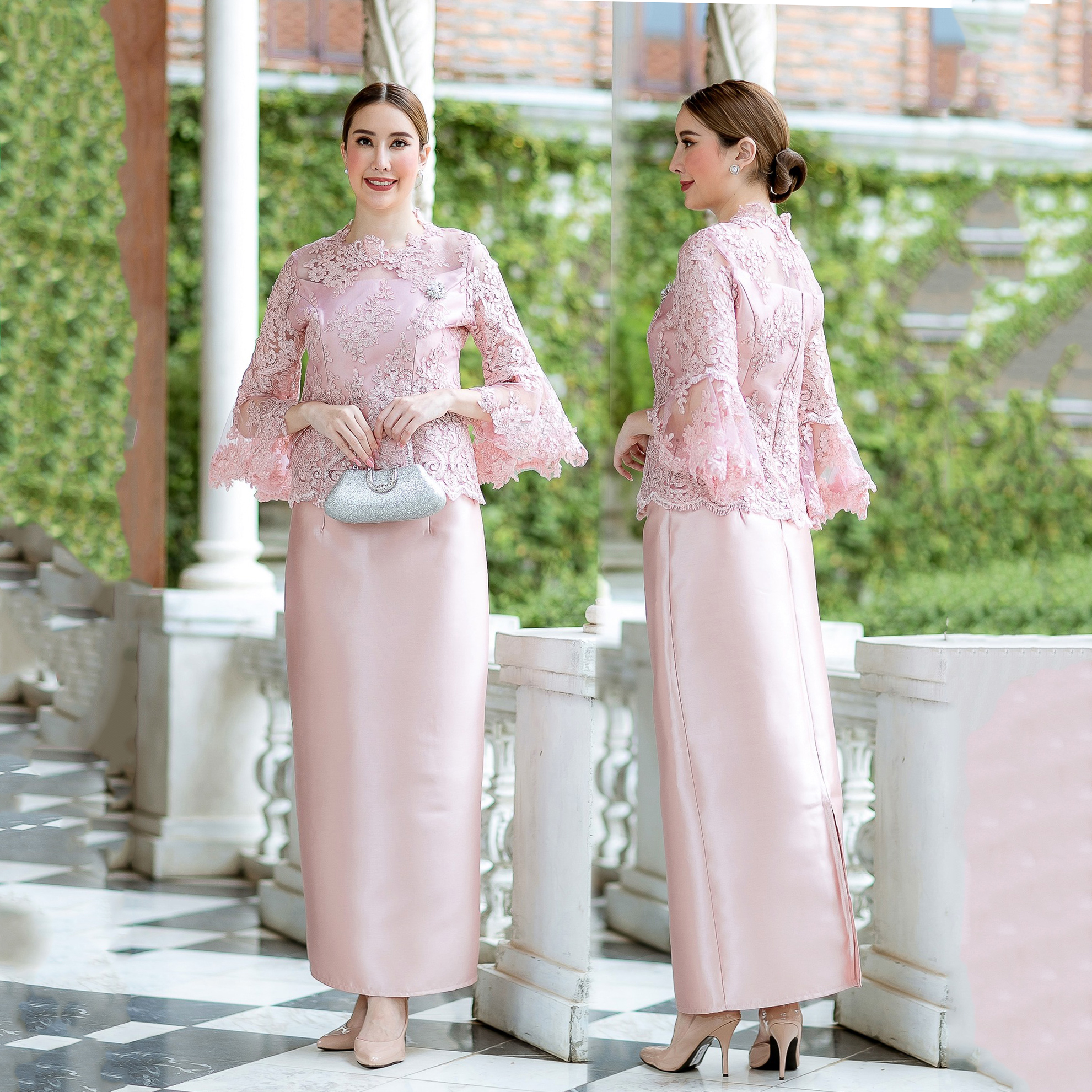 kudapy เซต2 ชิ้น เสื้อลูกไม้+กระโปรงผ้าไหมอิตาลีสีชมพู/สีทอง คอกลม แขนกระดิ่งสามส่วน ทรงสวย งานมีซับใน ซิบหลัง