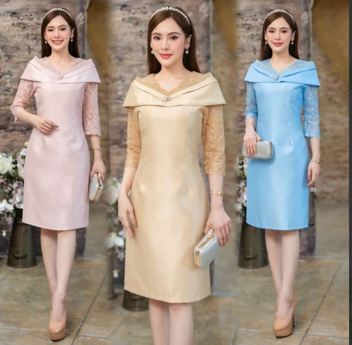 kudapy เดรสสั้นพิ้งโกลด์ สีฟ้า สีทอง เดรสผ้าไหมจิตลดาโอบไหล่ ตัวผ้าไหมจิตลดา ทรงเอทรงเอ มีซับในและชิปซ่อนหลังใส่สบาย