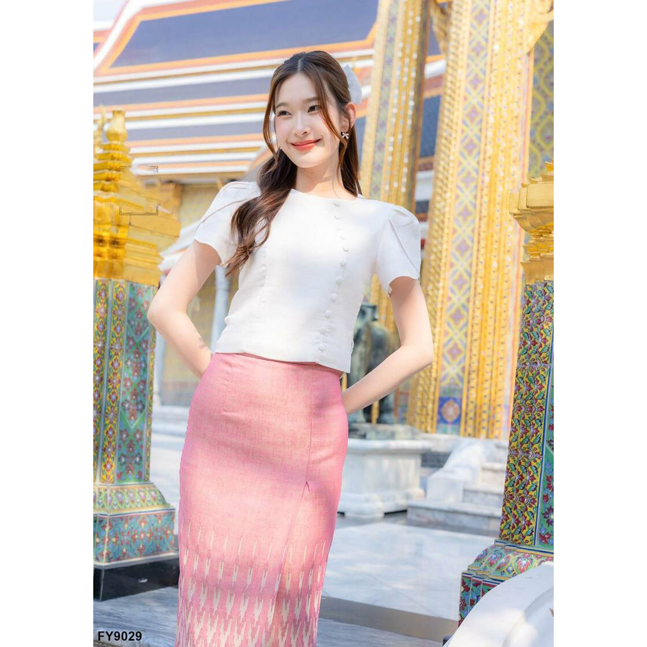 kudapy เซ็ทลิซ่าผ้าถุงลายไทยสีเทา/สีชมพู ใส่ออกงาน ใส่ไปวัด งานบุญ สวยดูดี