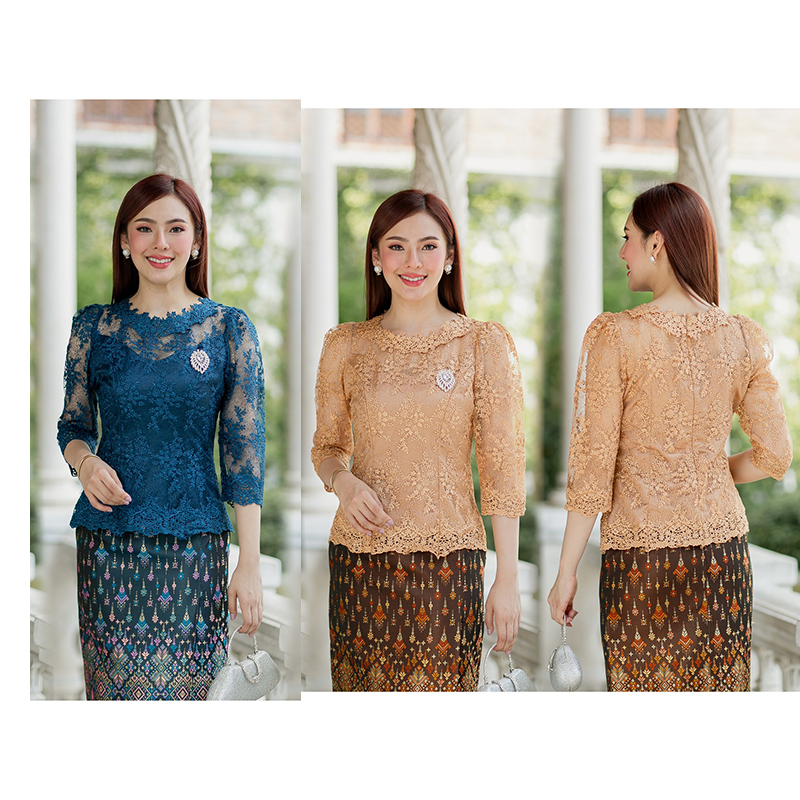 kudapy (เฉพาะเสื้อ) เสื้อลูกไม้สีน้ำเงิน/สีส้มทอง ตัวเสื้อใช้ผ้าลูกไม้ใยบวบเนื้อดีลายลูกไม้แน่นทั้งตัว ตัวเสื้อมาพร้อมซับในเนื้อดีในตัว