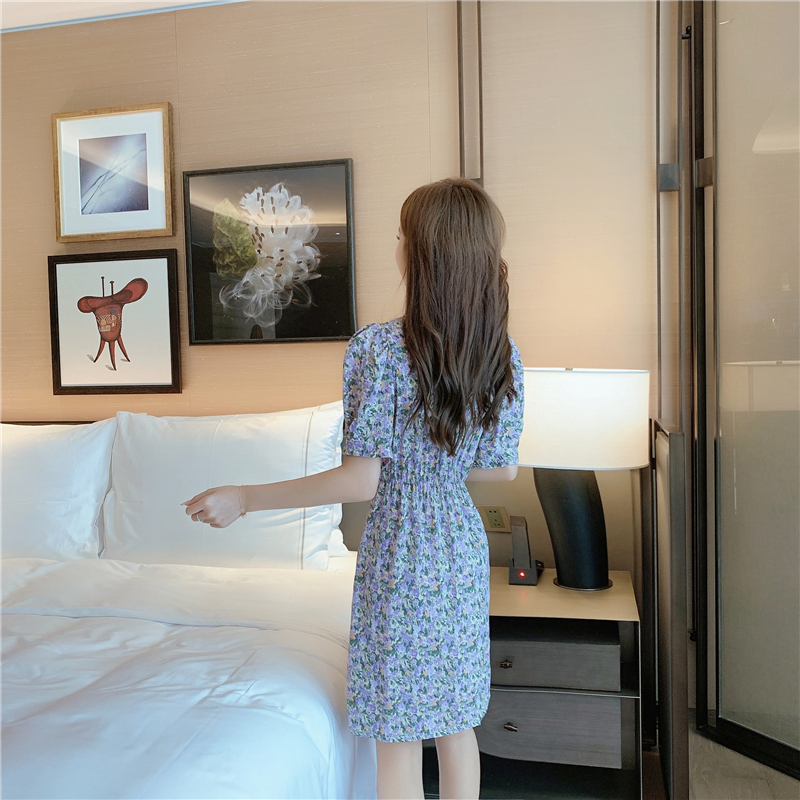 kudapy ชุดเดรสสีม่วง,สีเหลืองมัสตาร์ดใส่ทำงาน ผ้าโพลีเอสเตอร์ผสม พิมพ์ลายดอกไม้