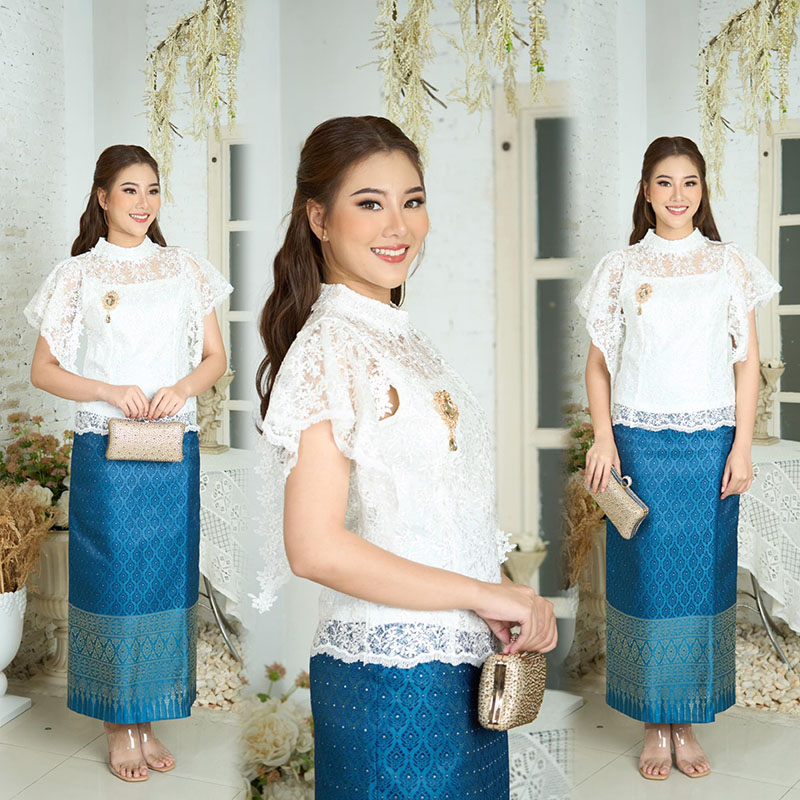 kudapy ชุดเซทเสื้อลูกไม้ใยบวบผสมเลื่อมเกรดพรีเมี่ยม ซิปหลัง มีซับทั้งตัว แขนระบาย+ผ้าถุงอัดกาว อบไอน้ำมาให้อย่างดี