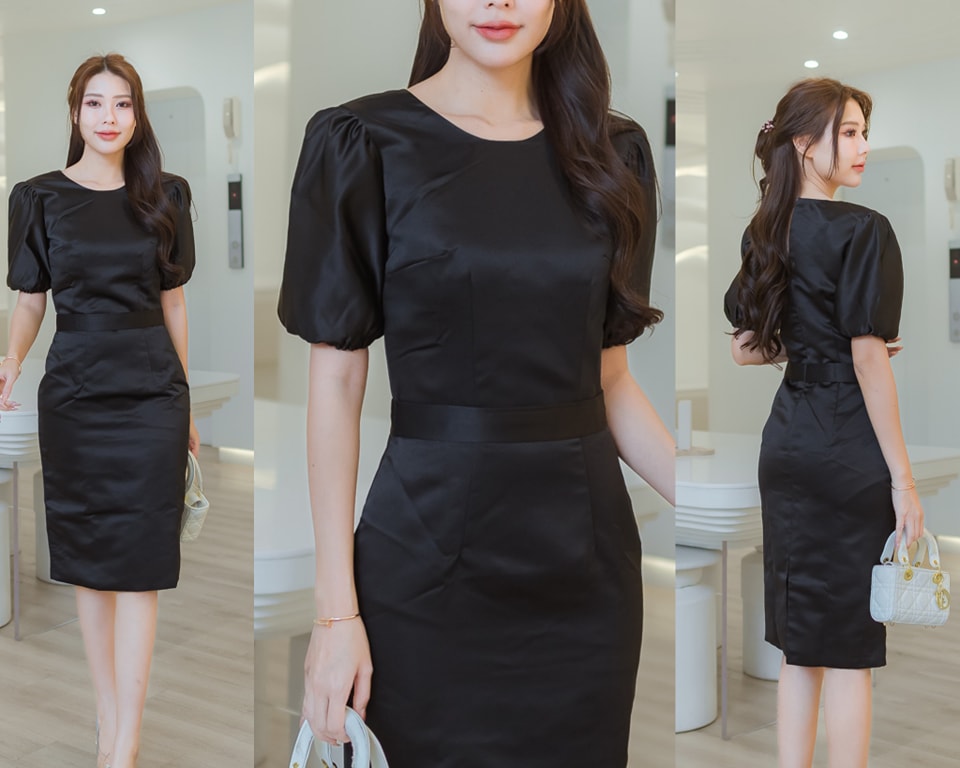 kudapy ชุดเดรสทรงสอบ คอกลม ผ่าหน้า แขนตุ๊กตา ชุดมีซับใน ซิบหลังค่ะ