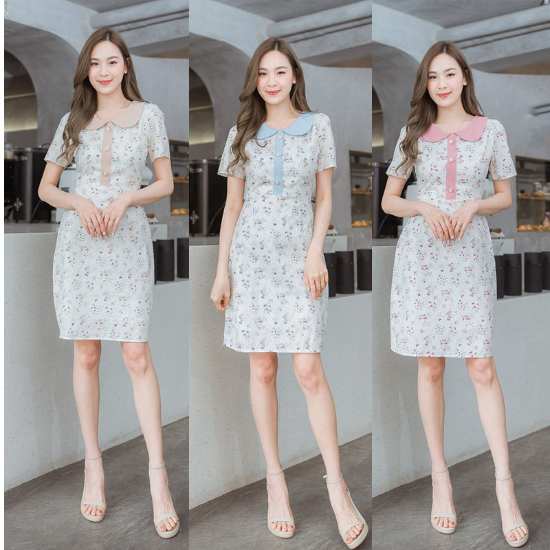 kudapy เดรสสั้นสีชมพู/สีฟ้า/สีน้ำตาล ลายดอกปกคอบัว ใส่เที่ยว ออกงานสวย ใส่สบายตัวมากๆ