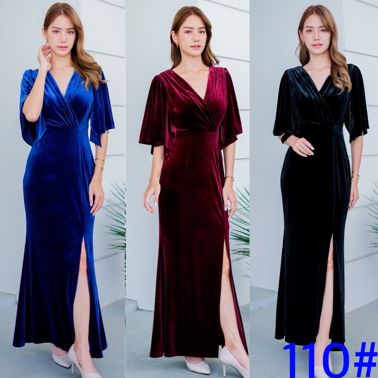 kudapy Maxi เดรสยาวสีดำ/สีแดงเบอกันดี/สีน้ำเงิน กำมะหยี่ นิ่มเนื้อหนา ดีเทลคอวี แขนระฆัง