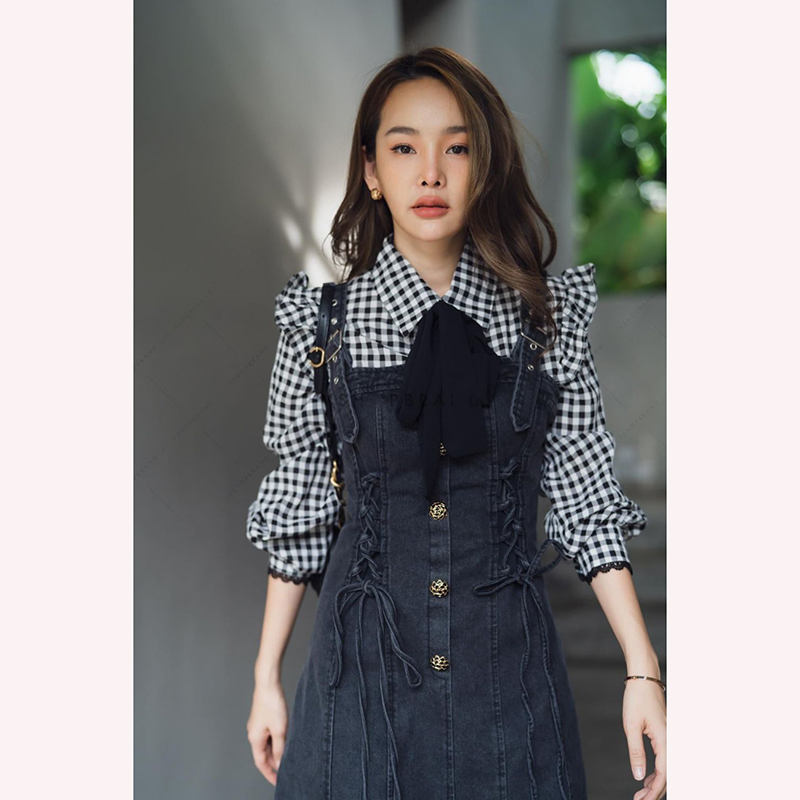 kudapy เชิ้ตผ้าสก็อตสีดำ/สียีนส์ฟ้า แมทเอี๊ยมยีนส์ ใช้ผ้ายีนส์ชนิดยืดใส่สบายมากๆ