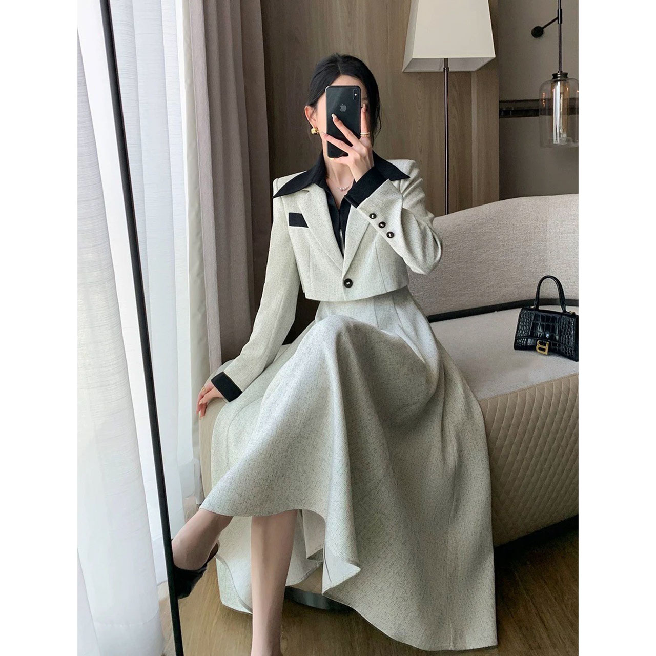 kudapy เซ็ทเดรสยาว มาพร้อมกับเสื้อคลุมลุคทูโทน สวยหรูลุคคุณหนู(แถมฟรีเข็มกลัดดอกไม้)