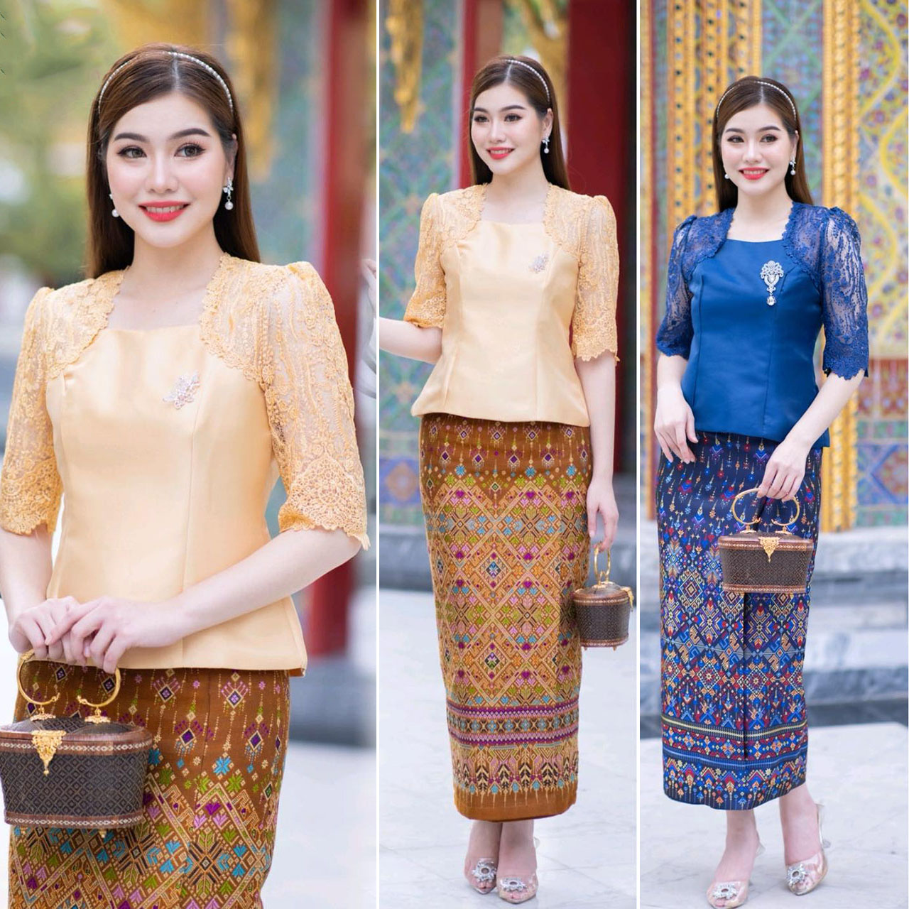 kudapy ชุดเซตเสื้อ+ผ้าถุง (เอวสูง) เสื้อไหมญี่ปุ่นสุดพรีเมี่ยมงานปราณีตมาก แต่งแขนด้วยผ้าลูกไม้ใยบวบเนื้อนิ่ม