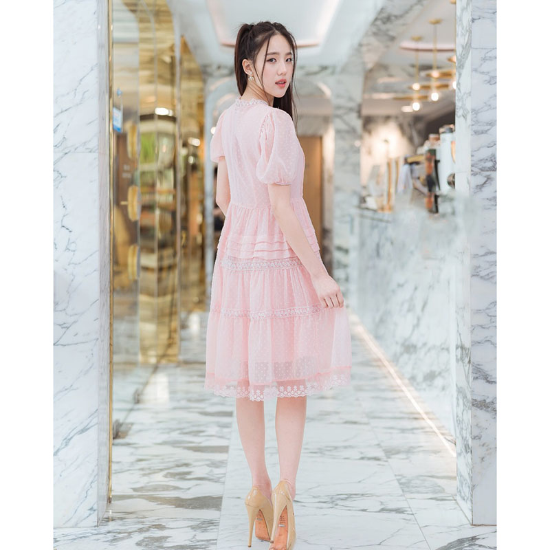 kudapy เดรสสั้นสีชมพู,ขาว,กรม เกาหลีแต่งลูกไม้สวยดูดี