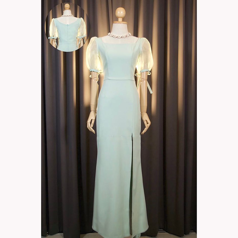 kudapy เดรสยาวออกงานสีครีมงาช้าง/เขียวพิตาชิโอ้/ชมพูอ่อน/ชมพูเข้ม/กรมท่า คอเหลี่ยม แขนตุ๊กตา ผูกโบว์ปรับขยายไซส์แขนได้ หรือ ดึงไหล่ลงแบบเปิดบ่า กระโปรงหางปลา