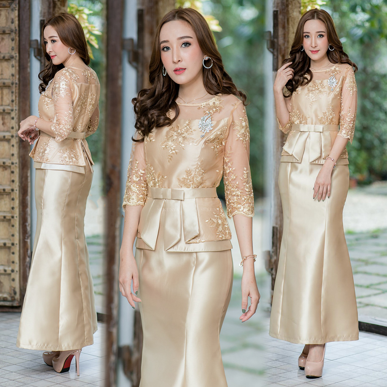 kudapy เดรสงานชิ้นเดียวไหมอิตาลีเนื้ออยู่ทรง ผ้าไหมอิตาลีทอสี่เส้นประดับด้วยผ้าลูกไม้เกรดพรีเมี่ยม