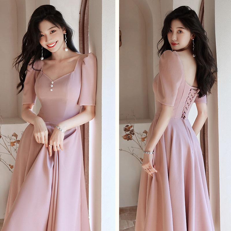 kudapy เดรสสั้นสีชมพู เดรสสั้นแขนสามส่วนกระโปรงทรงบาน สวยหวาน เรียบหรู สวยดูดี สไตล์มินิมอล ใส่ได้ทั้งงานกลางวัน