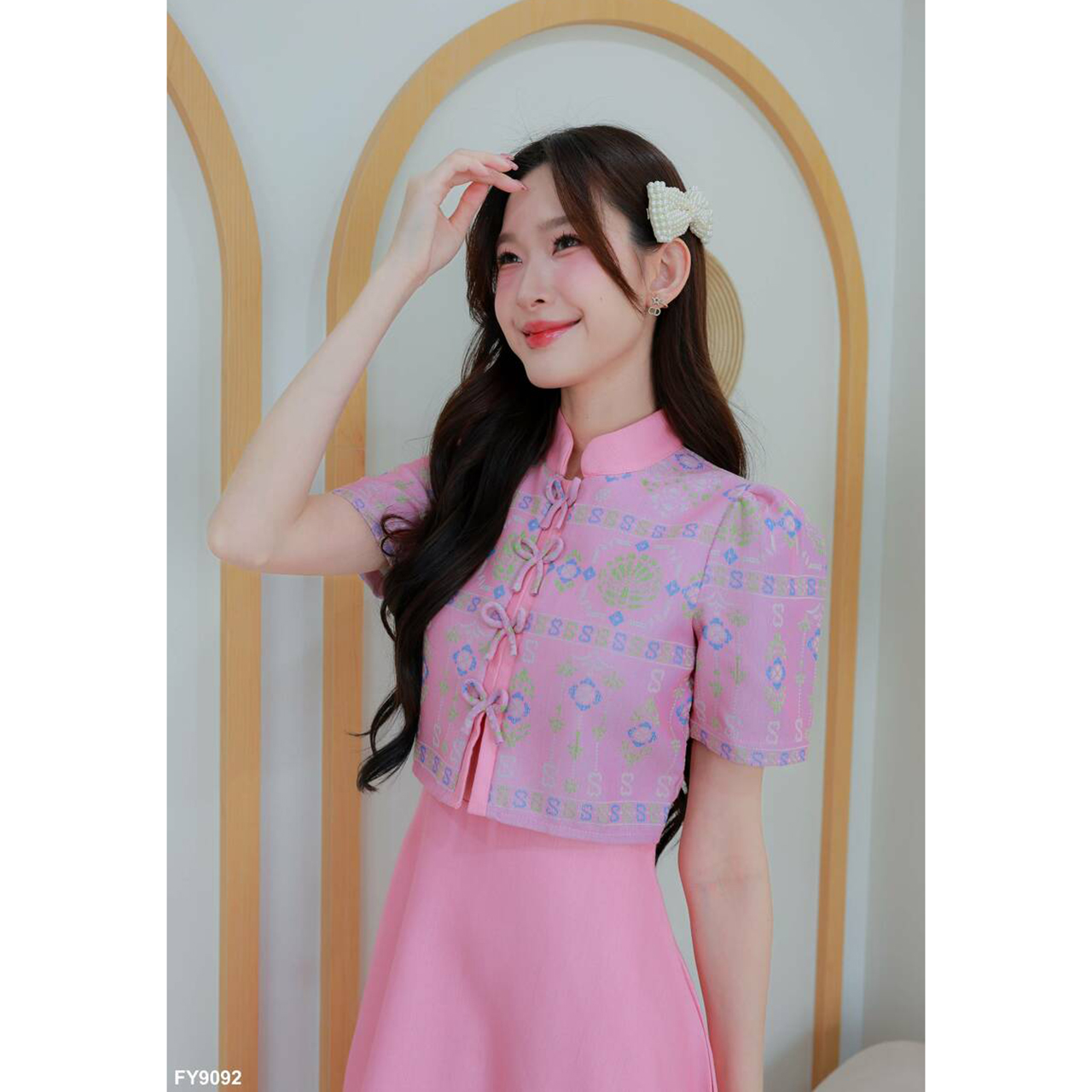 kudapy เดรสสั้นสีชมพู/สีม่วง เสื้อคอจีนแขนตุ๊กตากระดุมโบว์