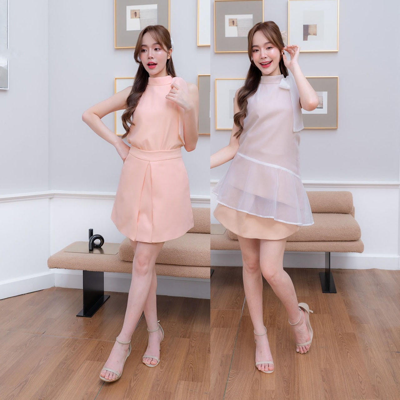 kudapy เซ็ทเสื้อผูกคอ แขนกุด ผ้าเบาลายผ้ามุ่งเบาบางคอกลม+กระโปรงกางเกงขาสั้น ใส่สบายสวยดูดี