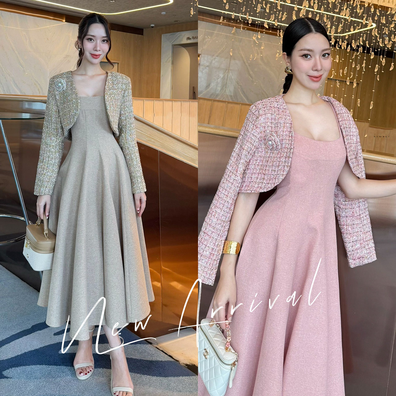 kudapy เดรส+เสื้อครอป+เข็มกลัดดอกไม้ ผ้าพรีเมี่ยมทวิตที่ เดรสเป็นทรงเข้ารูปช่วงเอว มีความพองช่วงล่างน่ารักมาก ซิปซ่อนด้านหลัง มีซับใน