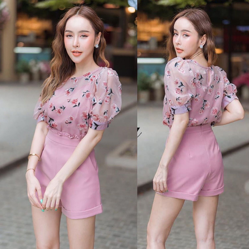 kudapy Set เสื้อแขนสั้นสีชมพู พิมพ์ลายดอกกำมะหยี่+กก.ขาสั้นเอวระบาย