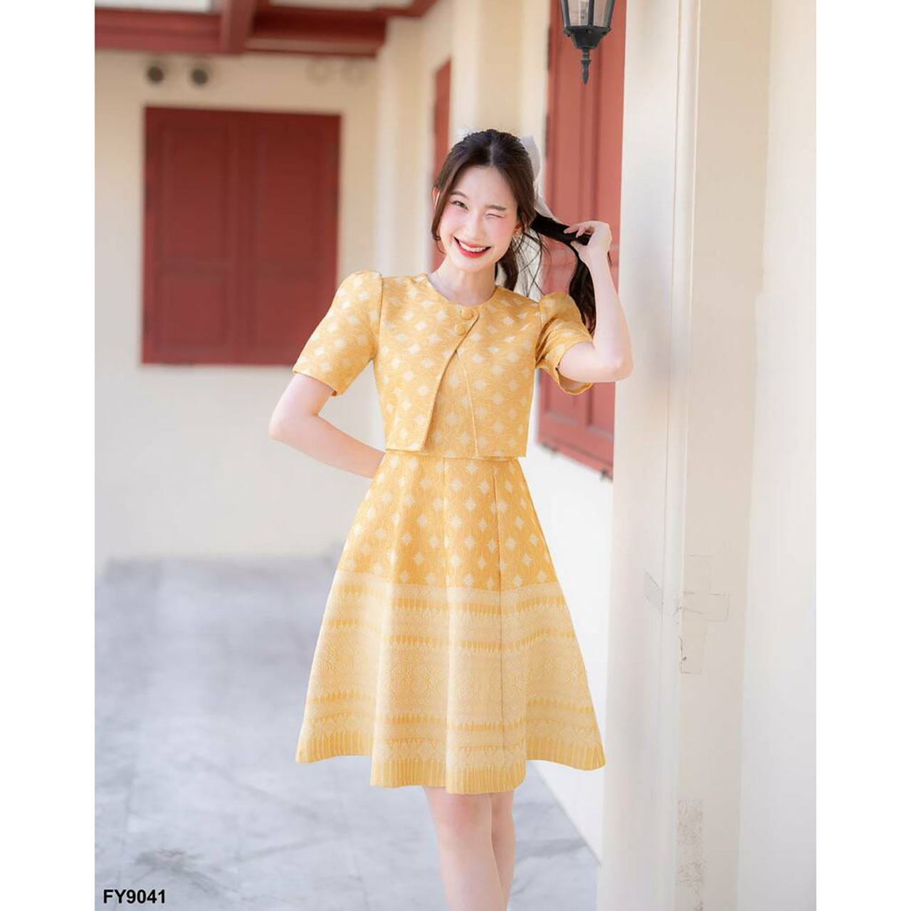 kudapy เดรสสั้สนสีม่วง/สีเหลือง ผ้าไทยกั๊กกระดุม 2 เม็ดกระโปรงบาน