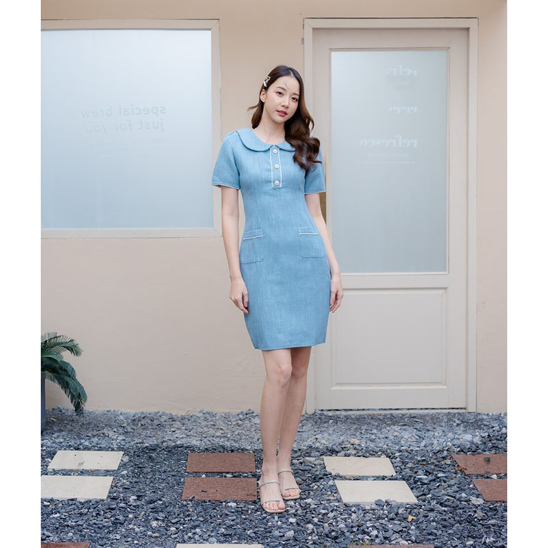 kudapy มินิเดรสปกคอบัวสีฟ้า/สีชมพู/สีกรม มีกระเป๋าข้าง สีพื้น สไตล์เรียบๆเป็นงานซิปหลังน้า