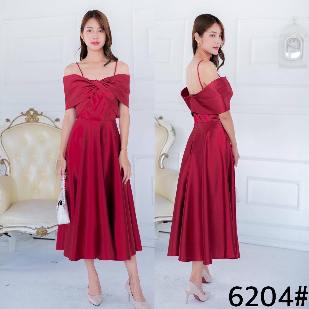 kudapy เดรสสั้นเปิดบ่า เนื้อผ้าดัชเชสอัดกาว ผ้าเงาสวย อยู่ทรง ทวิชช่วงอก มีสายคาดบ่าให้ คัตติ้งเริศแบบอลัง กระโปรงทรงบาน ความยาวครึ่งเข้ง