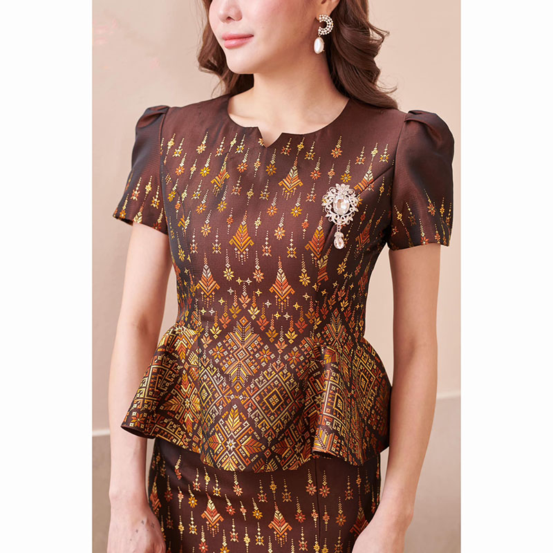 kudapy ชุดเซ็ทโทนสีน้ำตาล ไหมแพรวาทอลายกาฬสินทร์ เนื้อเบาสบาย + ผ้าถุง เอวสูงเพื่อทรงที่สวยงาม