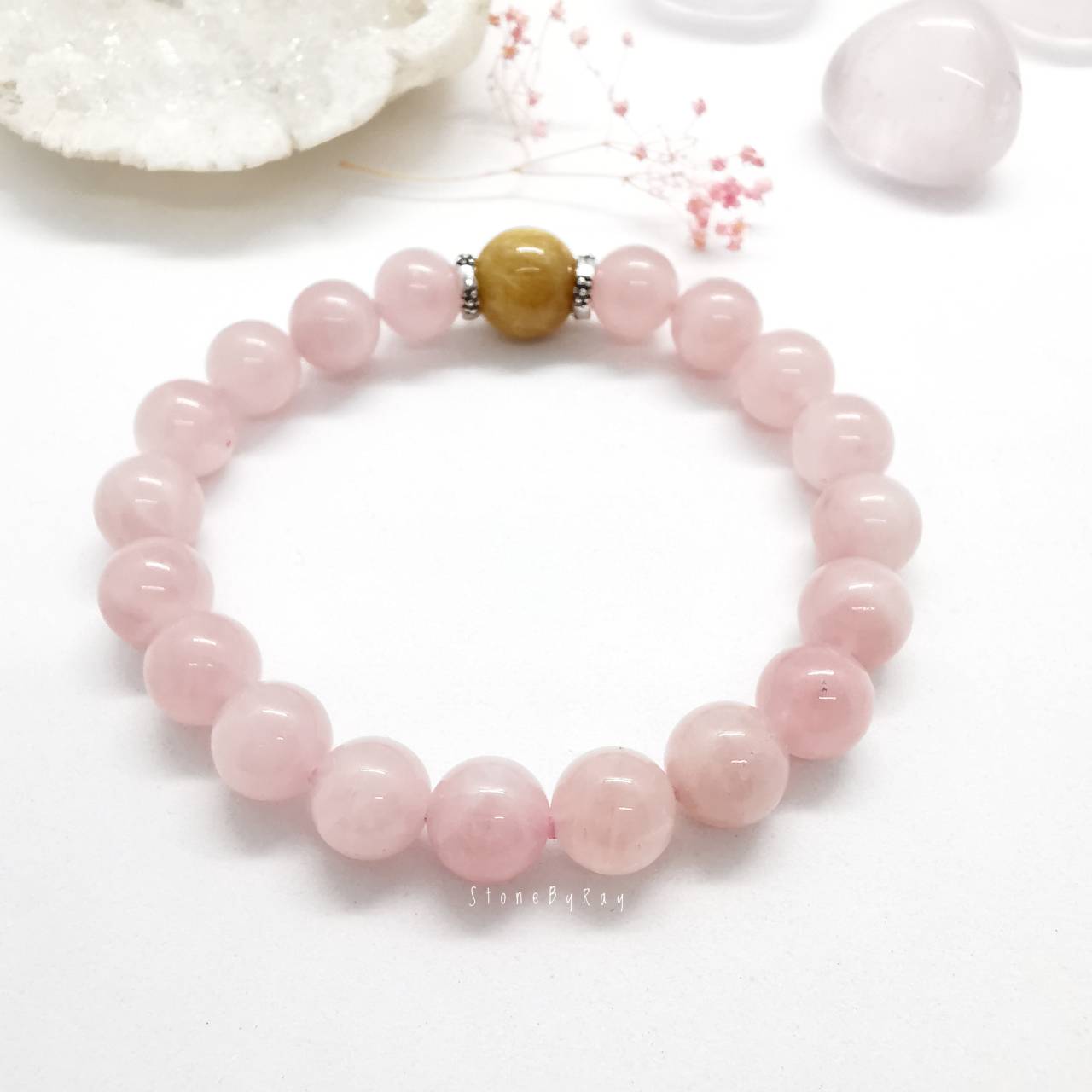 สร้อยข้อมือหินโรสควอตซ์ร้อยกับหินไหมทองRose Quartz+Rutilated Quartz