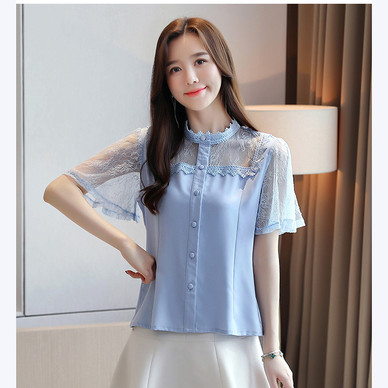 kudapy เสื้อแฟชั่นแขนสั้นสีฟ้า ผ้าโพลีเอสเตอร์ผสม ช่วงไหล่ และแขนเสื้อเป็นผ้าลูกไม้สีฟ้า