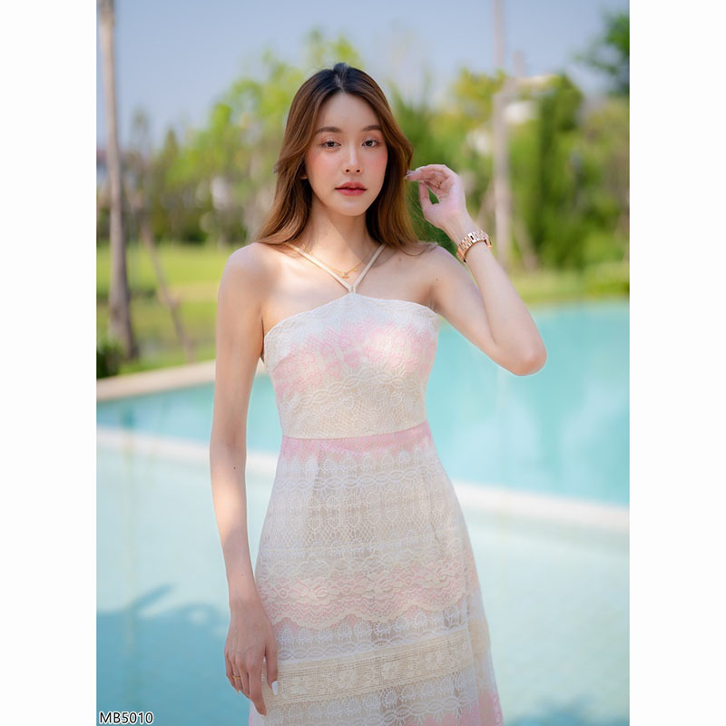 kudapy เดรสยาวสีฟ้า/สีชมพู ลูกหัวใจยาวผูกคอ ใส่เที่ยวทะเล เนื้อผ้าเบาสบายตัว