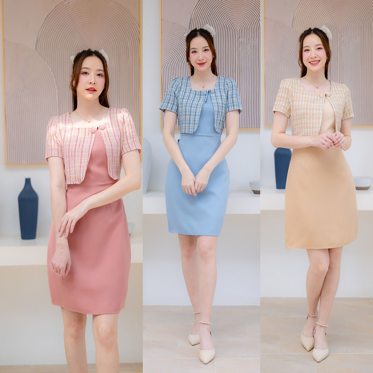 kudapy เดรสสั้นสีฟ้า/สีชมพุ/สีครีม ผ้าทอลายสก๊อตกระโปรงสีพื้น