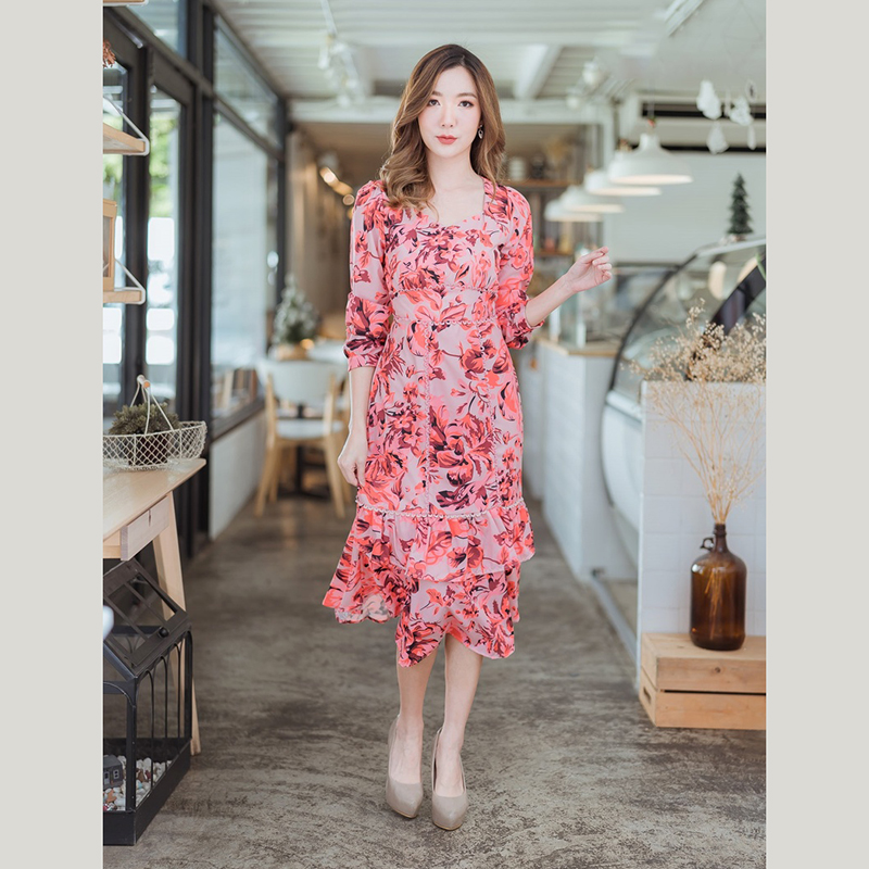 kudapyเดรสสั้นสีชมพู/ม่วง แขนยาวลายดอกไม้สวยดูดีน่ารัมากๆ