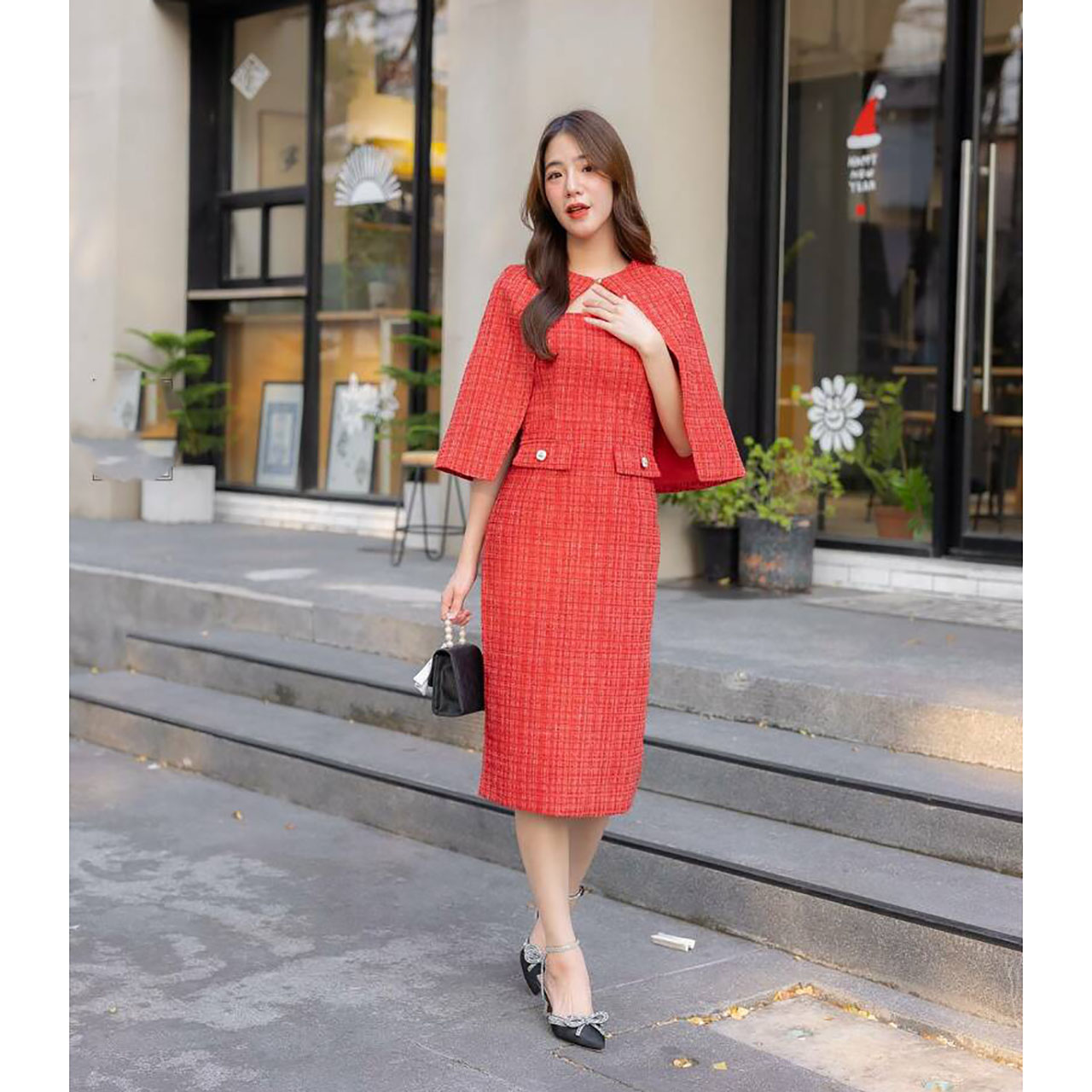 kudapy เดรสสั้น ผ้าทวิต ออกงานพร้อมเสื้อคลุมไหล่ ใส่สวย ดูดี