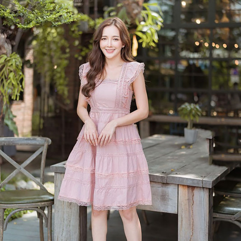 kudapy เดรสสั้นแขนกุด สีฟ้า ผ้าฉลุเกาหลีโบว์หลัง