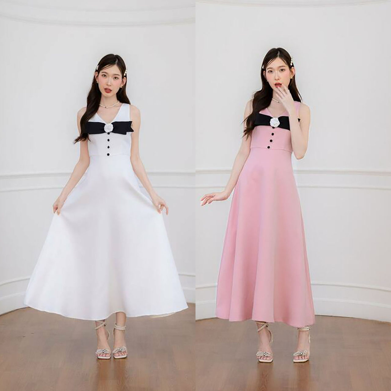 kudapy เดรสยาวสีขาว/สีชมพู+โบว์ดอกไม้ติดอกใส่เที่ยว ออกงานสวยดูดี
