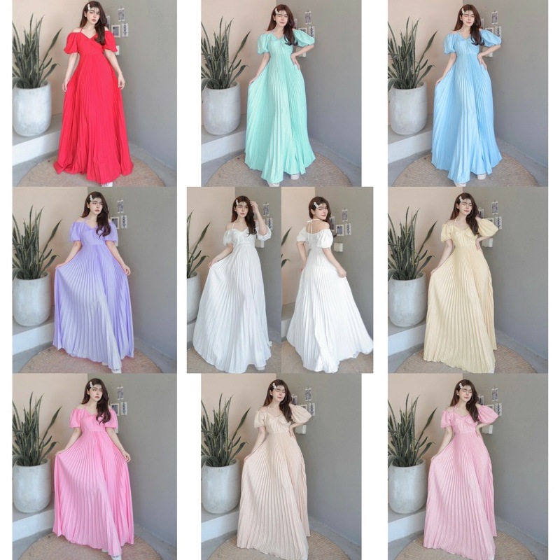 kudapy เดรสยาวแขนพอง สายผูกคอ กระโปรงอัดพลีท เดรสไปทะเลพริ้วๆ